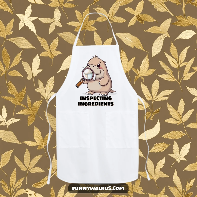 Funny curious walrus apron showing a walrus holding a magnifying glass, examining ingredients, adding humor to kitchen tasks.