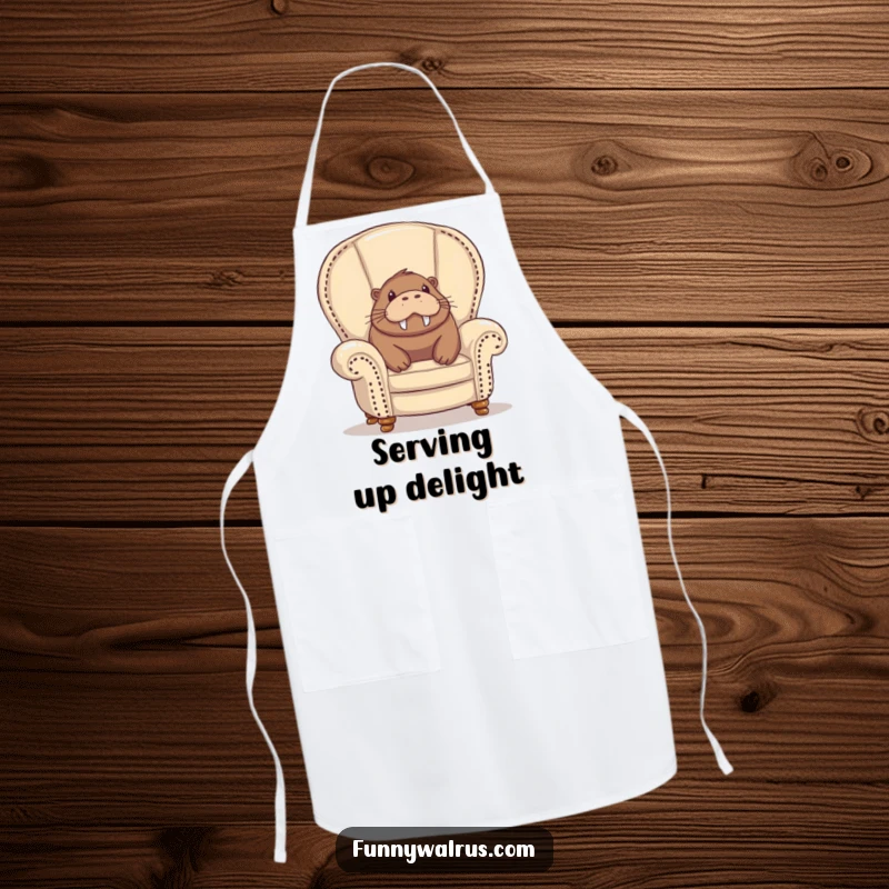 Funny walrus apron, a walrus peeking out from an overstuffed armchair, looking delighted and ready for kitchen duty.