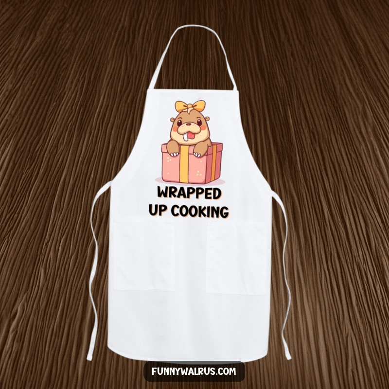 Funny surprise walrus apron showing a walrus peeking out of a gift box, adding comical surprise and humor to culinary tasks.