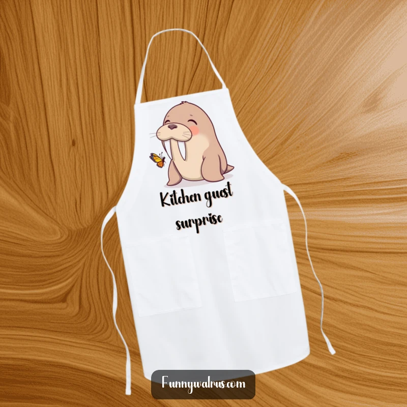 Funny walrus giggling as a butterfly lands on its tusk, on a kitchen apron, adding gentle humor to cooking.