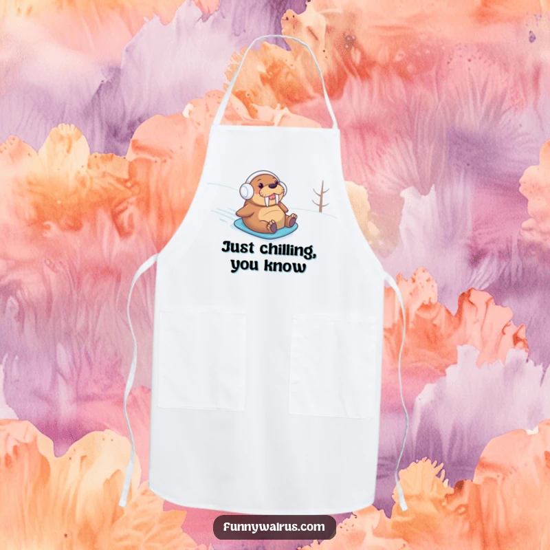 Funny walrus in earmuffs sliding on snow, featured on a kitchen apron, bringing winter humor to culinary tasks.