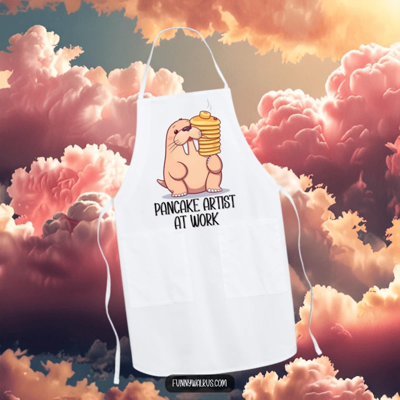 Funny walrus balancing pancakes on its nose, on a kitchen apron, adding breakfast humor to cooking.
