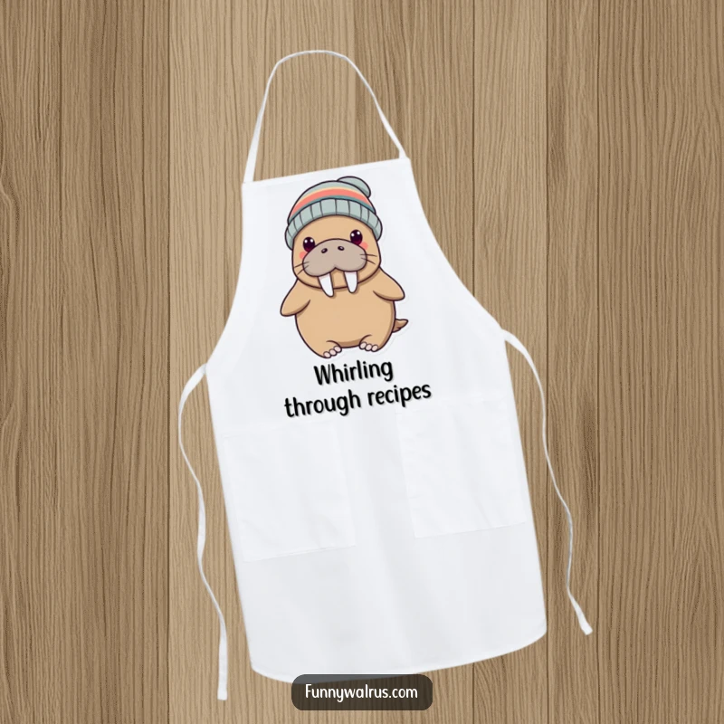 Funny apron showcasing a silly walrus wearing a propeller beanie, ready to cook up a storm with a smile. Kitchen humor guaranteed.