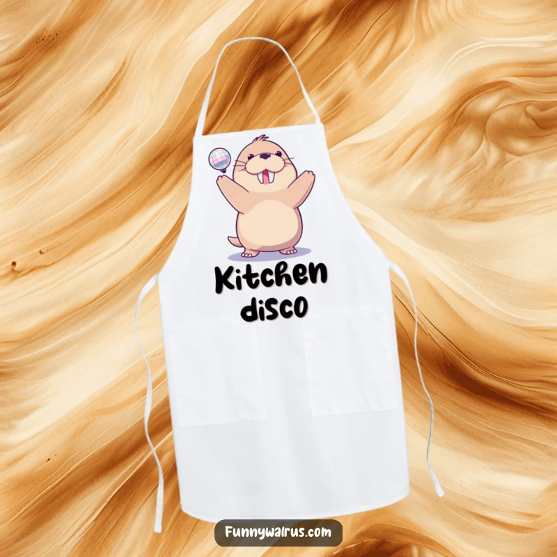 Funny disco walrus apron showing a delighted walrus spinning a sparkling disco ball, adding fun and humor to kitchen tasks.