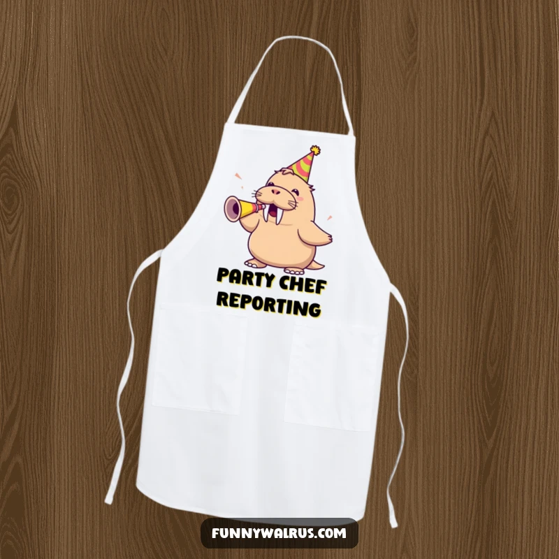 Funny walrus wearing a party hat and blowing a party horn, on a kitchen apron, bringing festive humor to cooking.