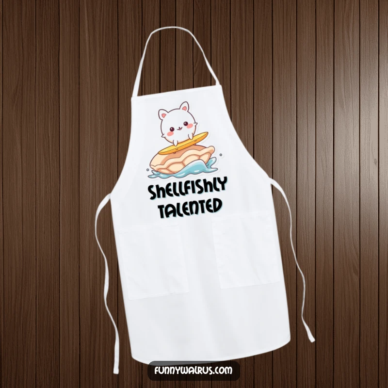 Funny apron design featuring a wobbly, round animal character surfing on a clam, bringing beach humor to the kitchen.