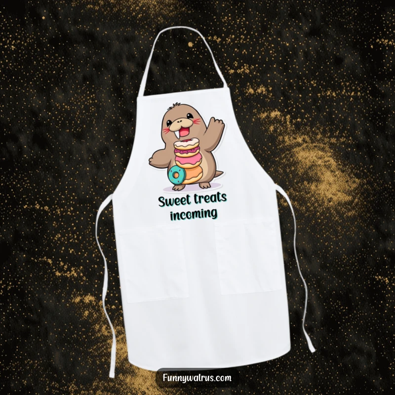 Funny Walrus Apron depicting a joyful walrus precariously balancing donuts, perfect for kitchen fun.