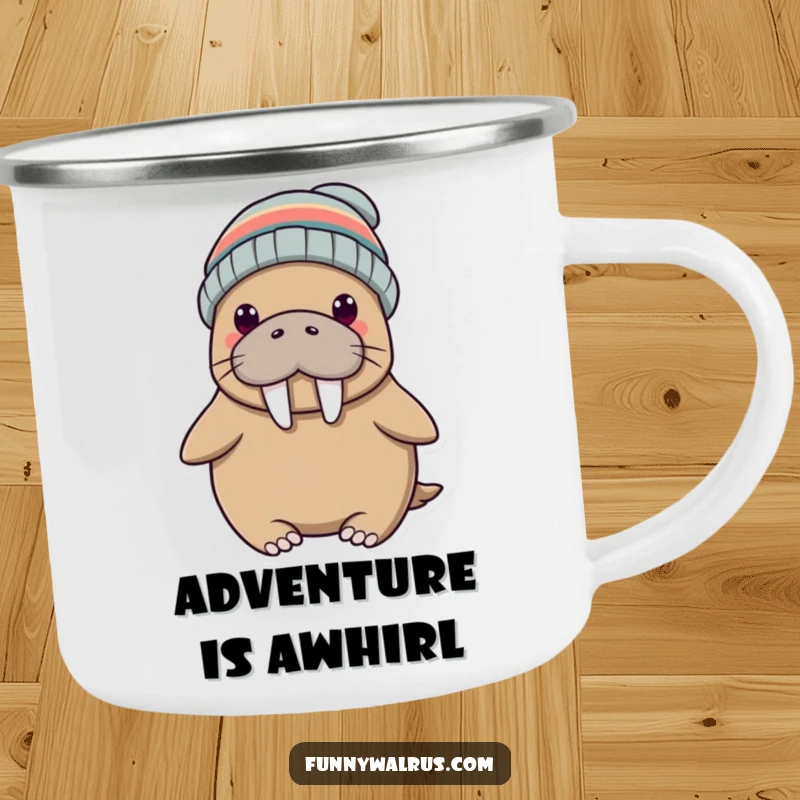 Funny camping mug featuring a silly walrus with a propeller beanie, perfect for outdoor adventures and morning brews. Rugged humor.