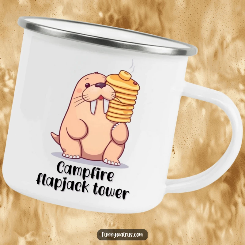 Funny walrus balancing pancakes on its nose, on a rugged camping mug, perfect for humorous outdoor breakfasts.