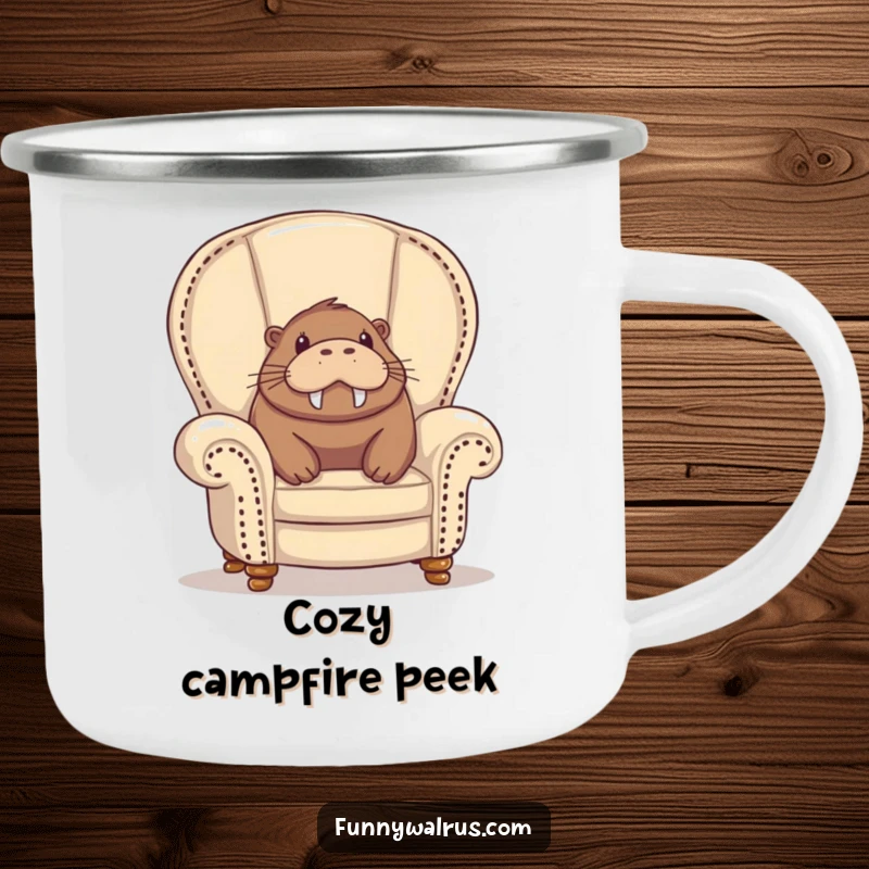 Funny walrus camping mug, a walrus peeking from an overstuffed armchair with pure delight, ready for outdoor comfort.