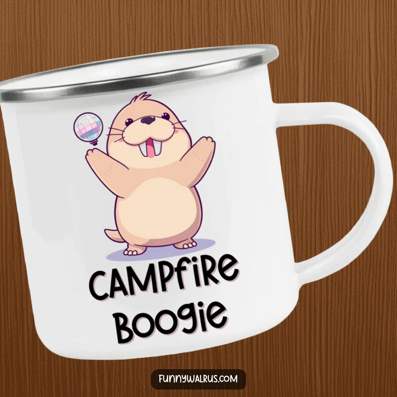 Funny disco walrus camping mug with a delighted walrus spinning a sparkling disco ball, great for outdoor parties and fun.