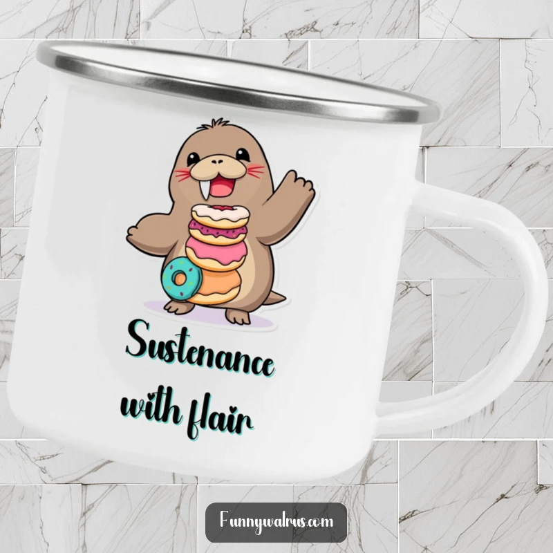 Funny Walrus Camping Mug featuring a joyful walrus balancing donuts, perfect for outdoor enthusiasts.