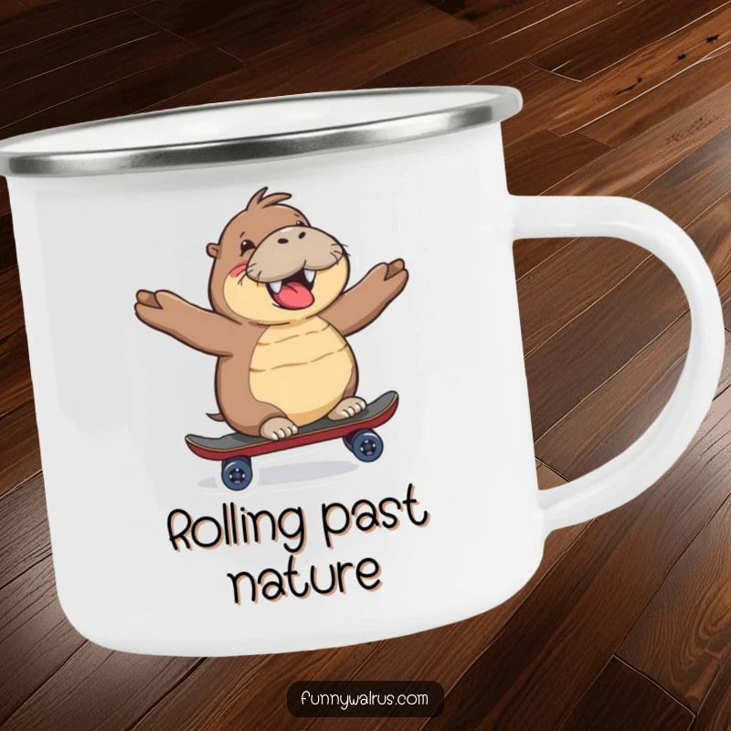 Funny Walrus Camping Mug featuring a happy walrus gleefully riding a miniature skateboard, perfect for outdoor enthusiasts.