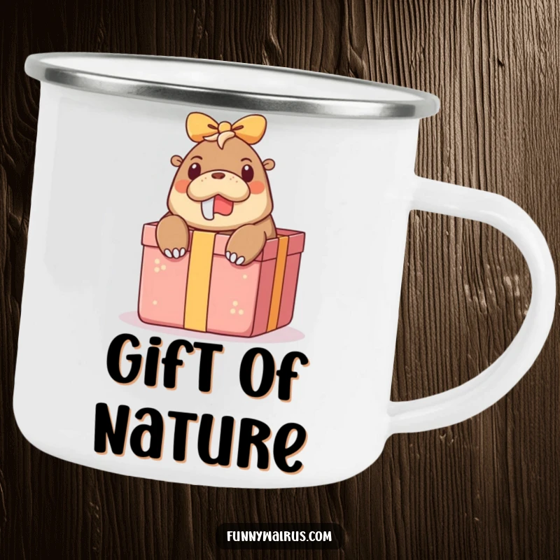 Funny surprise walrus camping mug with a walrus peeking out of a gift box, perfect for outdoor enthusiasts who appreciate humor.