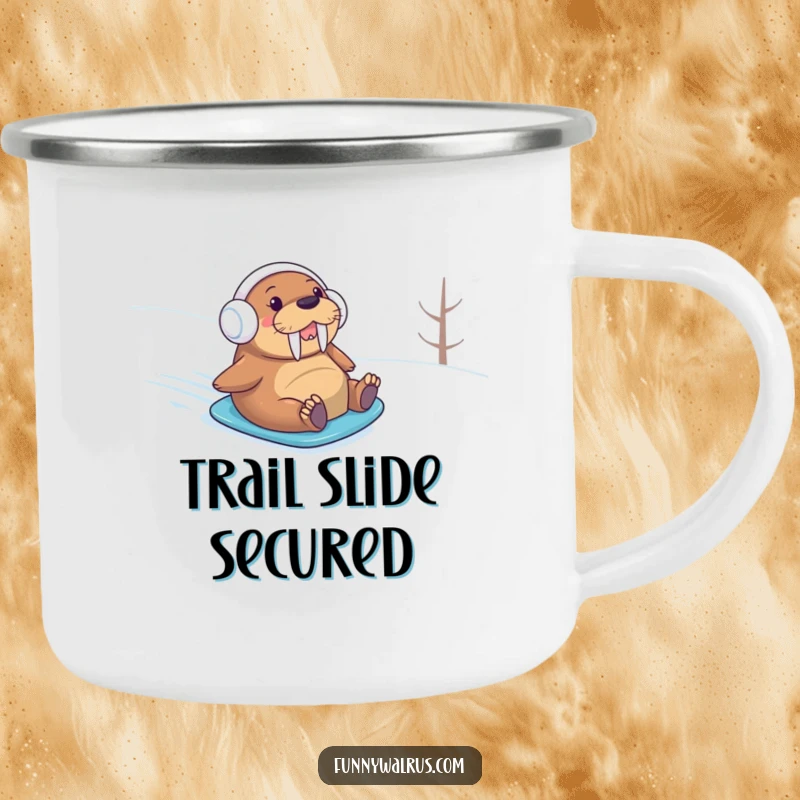 Funny walrus in earmuffs sliding on snow, on a durable camping mug, perfect for humorous outdoor enjoyment.