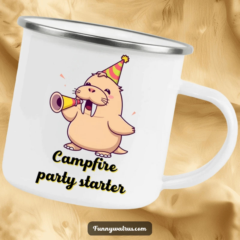 Funny walrus wearing a party hat and blowing a party horn, on a camping mug, for humorous outdoor celebrations.