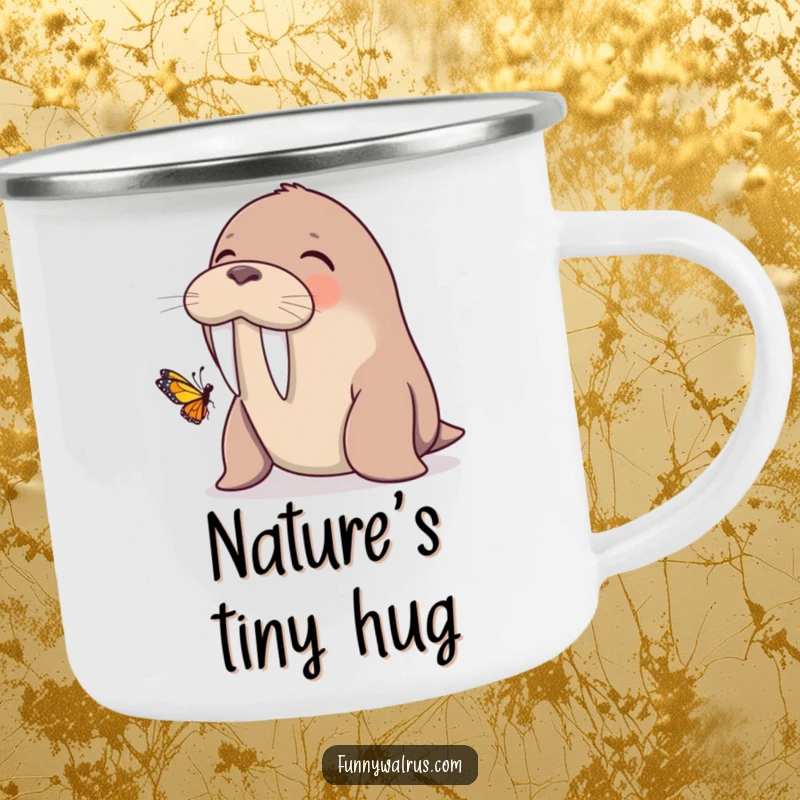 Funny walrus giggling as a butterfly lands on its tusk, on a camping mug, perfect for humorous outdoor enjoyment.