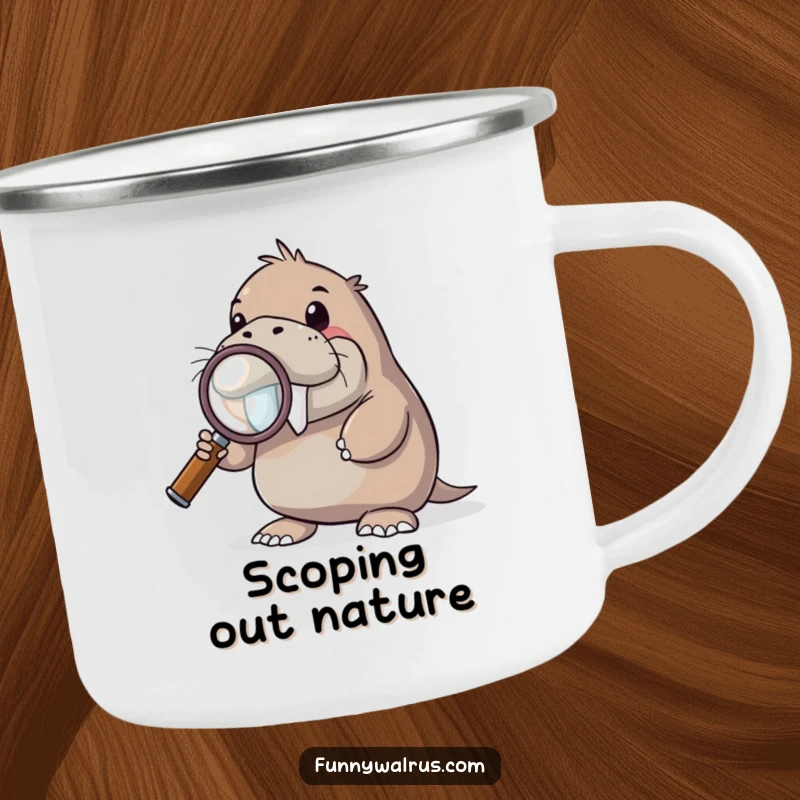 Funny curious walrus camping mug with a walrus holding a magnifying glass, peering closely, great for outdoor exploration and humor.