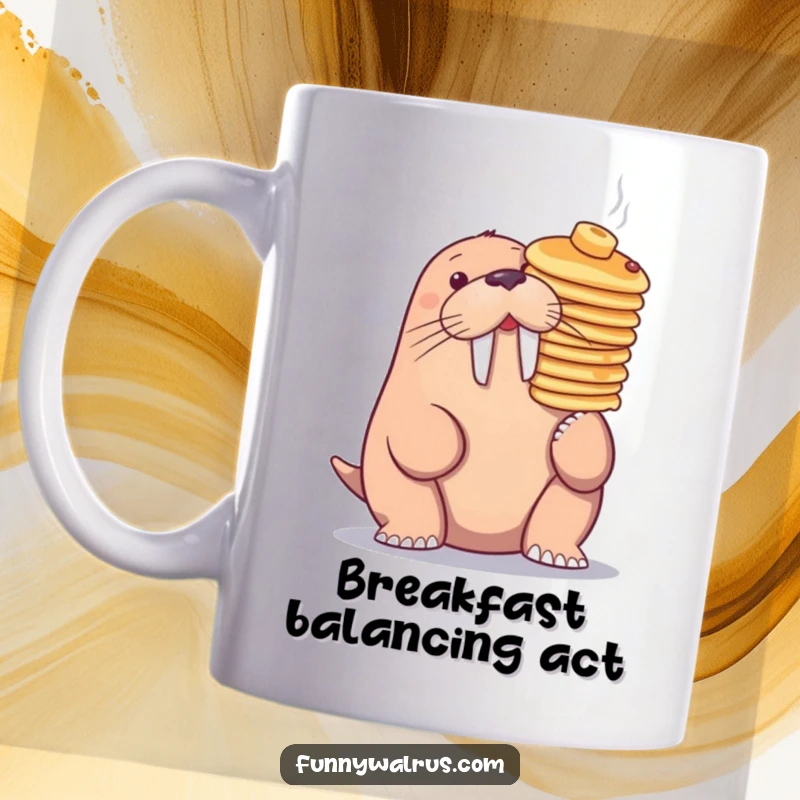 Funny walrus precariously balancing a tall stack of pancakes on its nose, depicted on a humorous mug.