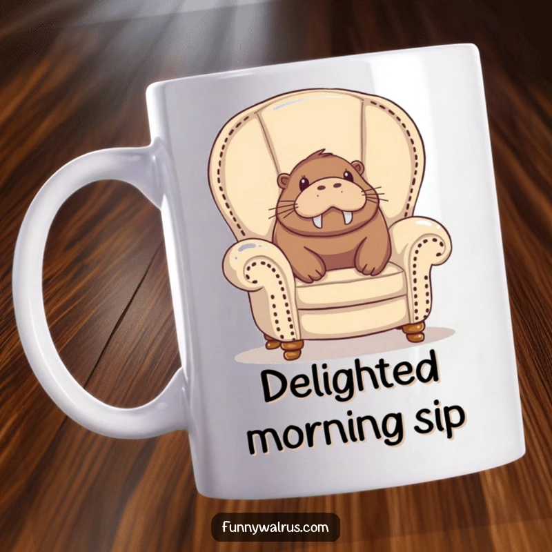 Funny walrus mug, a walrus peeking out from a deeply overstuffed armchair with a blissful look of pure delight.