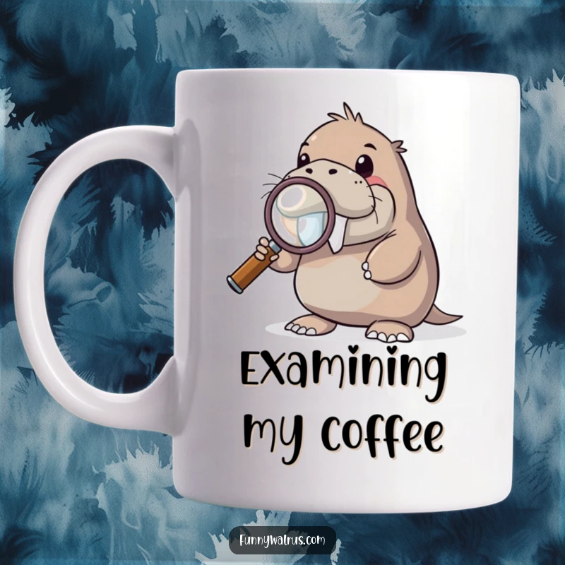 Funny curious walrus mug with a walrus character holding a giant magnifying glass, looking intently, symbolizing curiosity and humor.