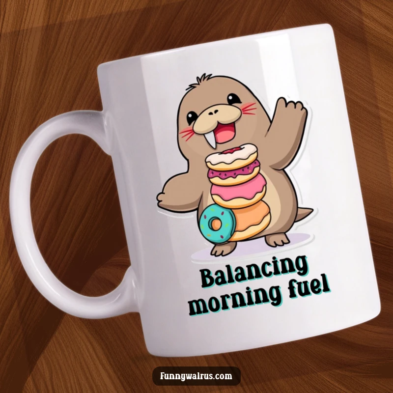 Funny Walrus Mug with a joyful walrus character precariously balancing a tall stack of colorful donuts, looking delighted.