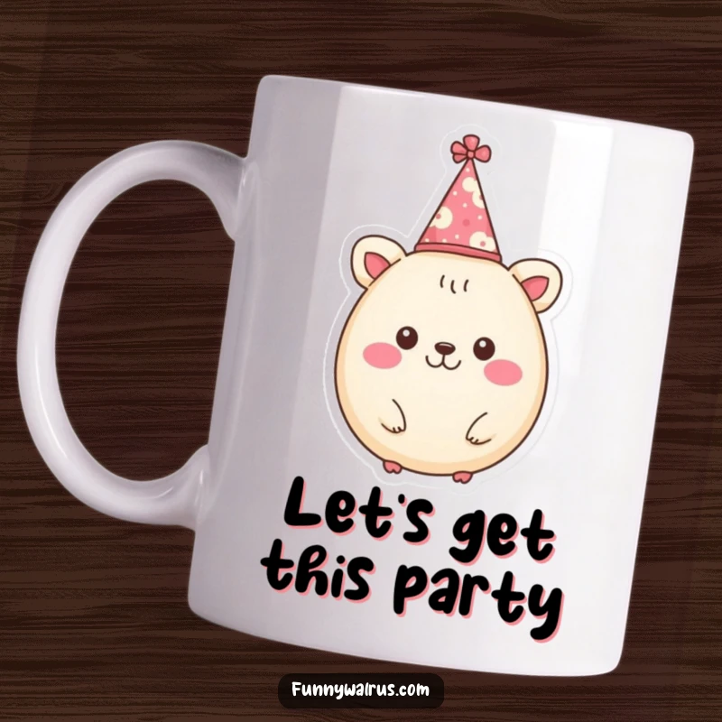 Funny mug with a cheerful, round animal character adorning a small, festive party hat, radiating pure joy and celebration.