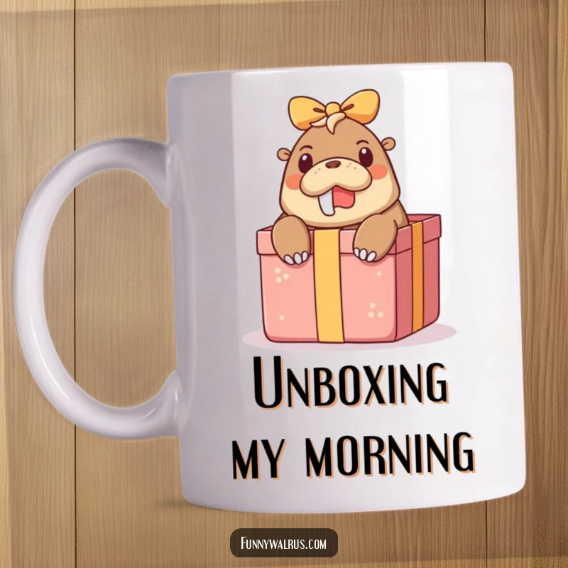 Funny surprise walrus mug with a walrus character peeking out from a large gift box, expressing shock and humor adorably.