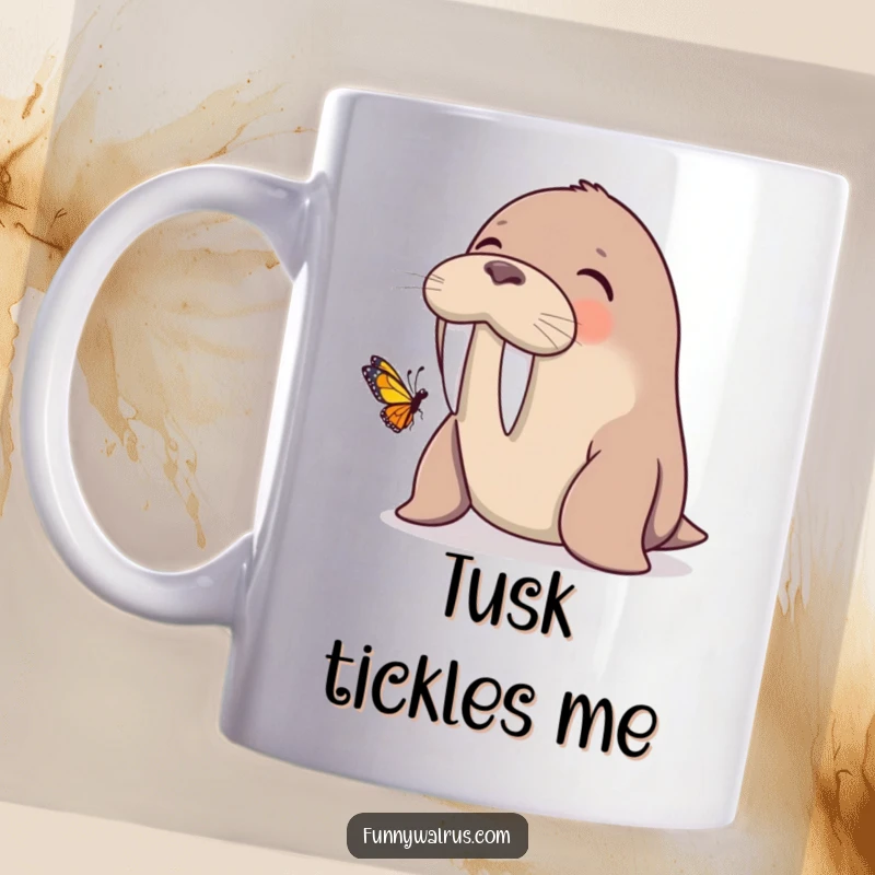 Funny walrus giggling joyfully as a tiny butterfly gently lands on its tusk, captured on a charming mug.