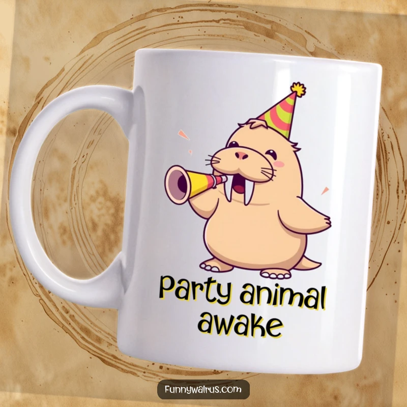 Funny walrus wearing a party hat, enthusiastically blowing a party horn, depicted on a festive mug.