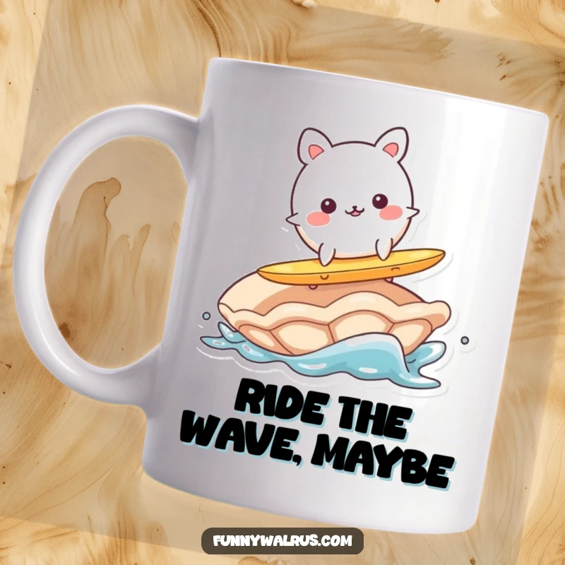 Funny mug depicting a wobbly, round animal character attempting to surf on a large clam, showcasing a comical and adventurous spirit.
