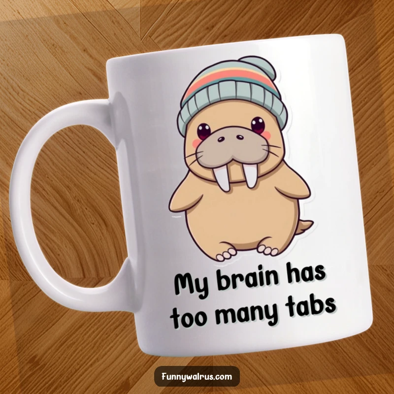 Funny walrus mug with a silly propeller beanie, looking adventurous and ready for takeoff. A humorous statement piece for any desk.