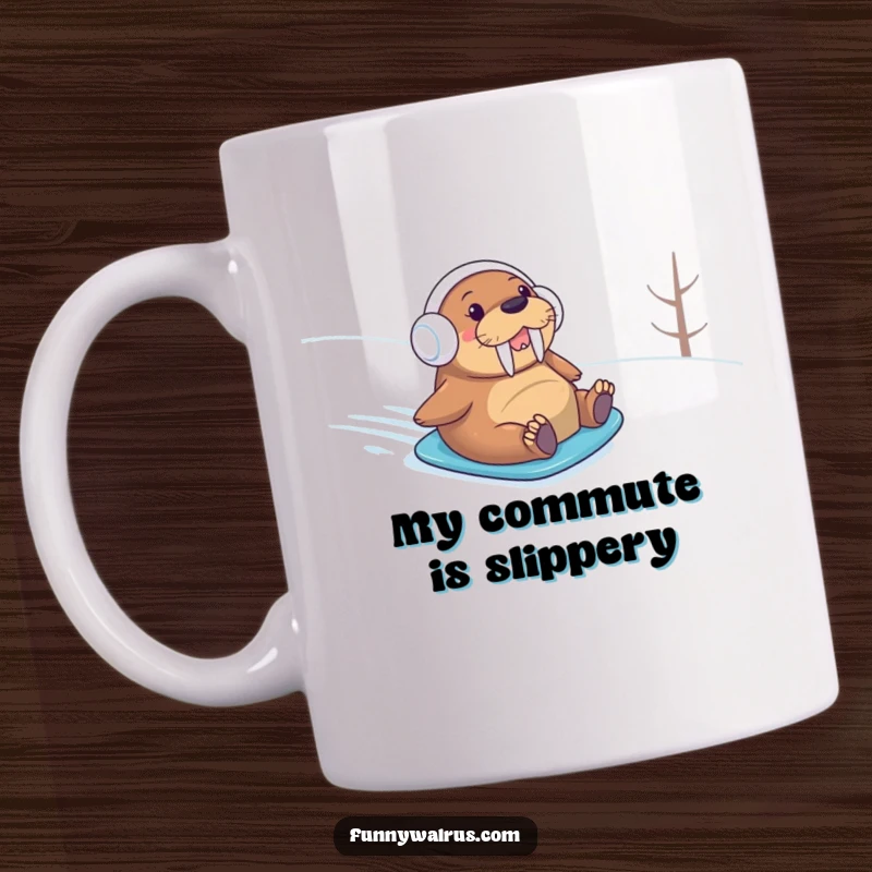 Funny walrus wearing earmuffs happily sliding down a snowy slope on a mug, embodying pure winter joy and humor.