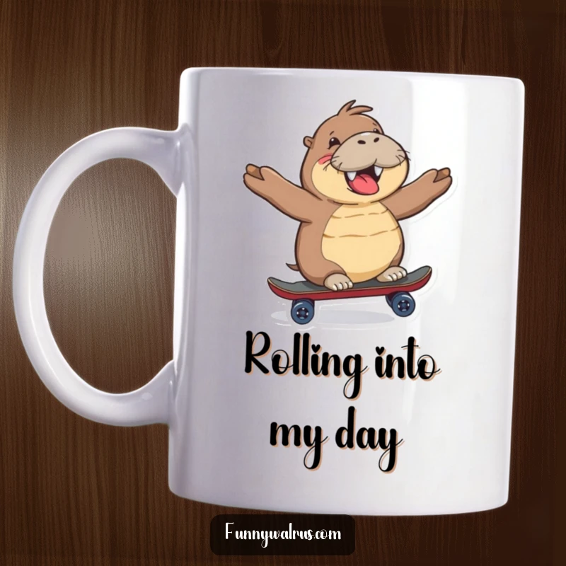 Funny Walrus Mug with a happy walrus character gleefully riding a miniature skateboard, looking cool and joyful.