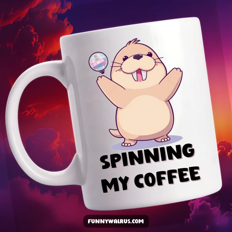 Funny disco walrus mug with a delighted walrus spinning a small, sparkling disco ball, embodying energetic celebration and fun.