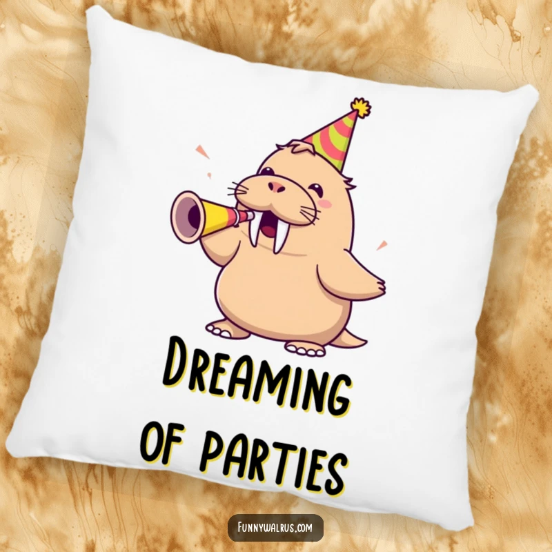 Funny walrus wearing a party hat and blowing a party horn, on a soft pillow, offering festive comfort and humor.