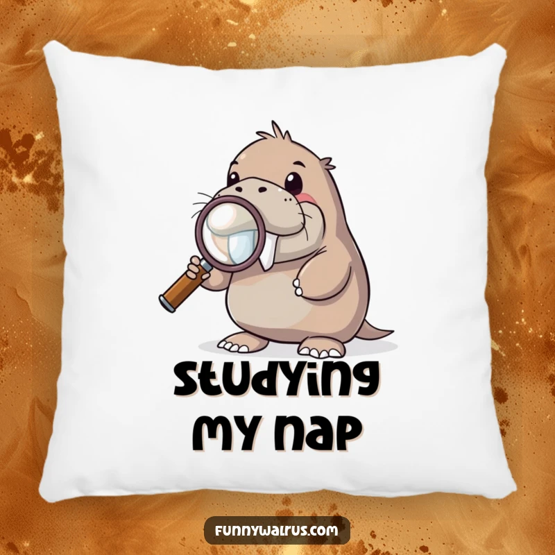 Funny curious walrus pillow with a walrus character holding a giant magnifying glass, peering intently, perfect for cozying up.