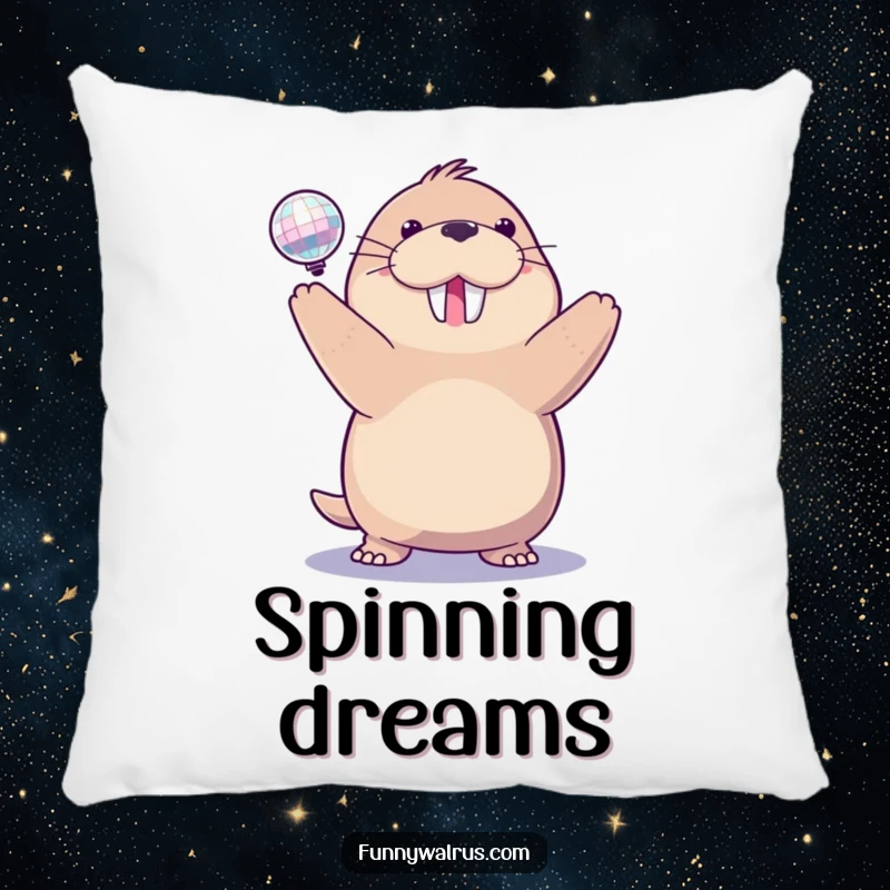 Funny disco walrus pillow featuring a delighted walrus spinning a small, sparkling disco ball, perfect for cozying up with party vibes.