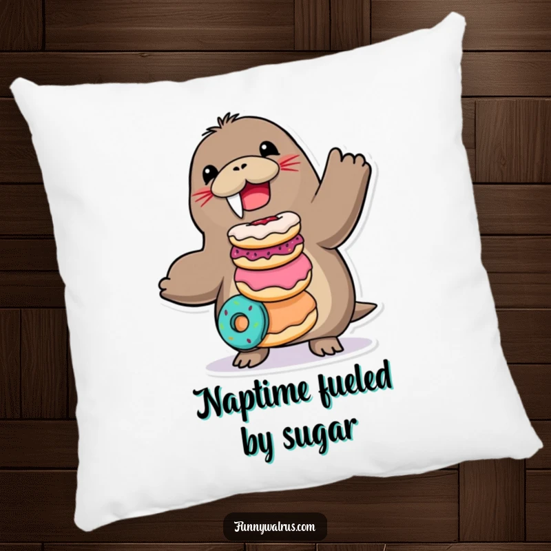 Funny Walrus Pillow with a joyful walrus character balancing a stack of donuts, offering comfort and humorous appeal.