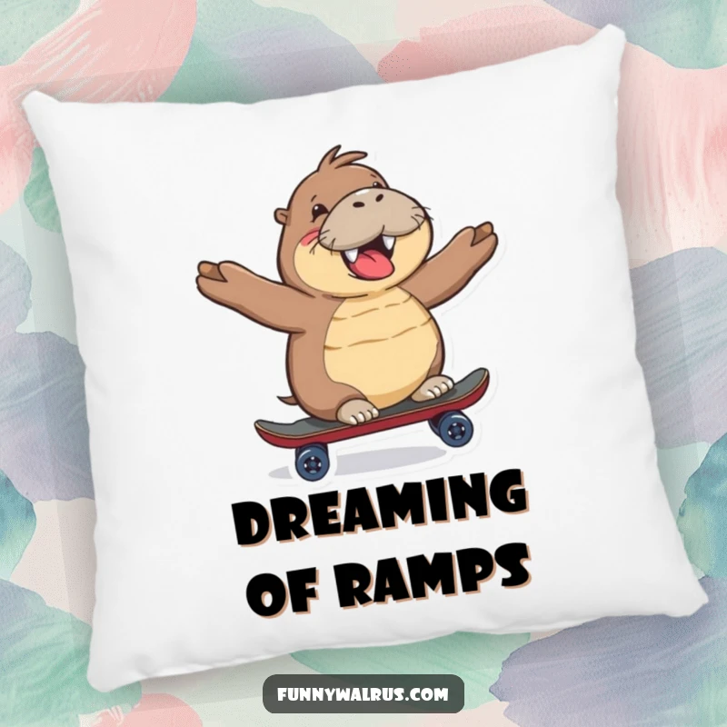 Funny Walrus Pillow with a happy walrus character gleefully riding a miniature skateboard, offering comfort and cool appeal.