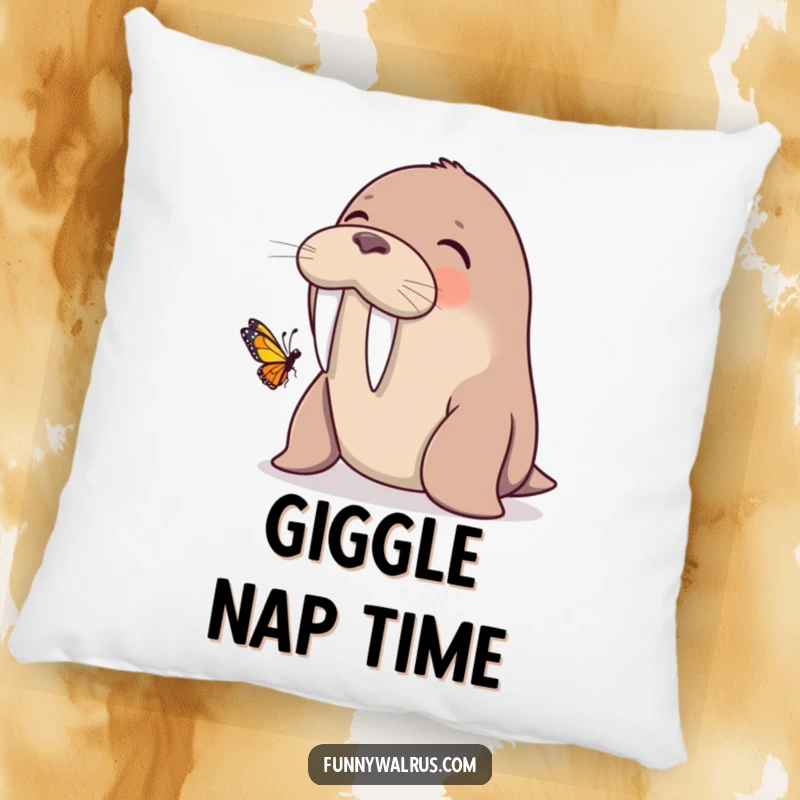 Funny walrus giggling with a butterfly on its tusk, on a soft pillow, offering gentle humor and comfort.