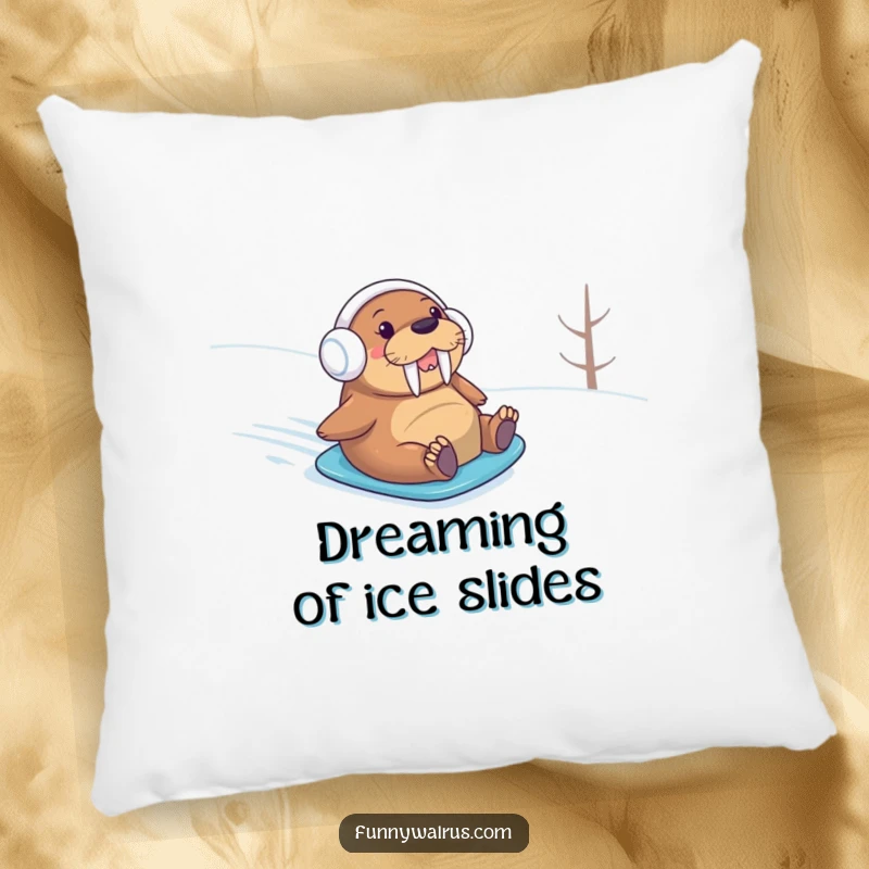 Funny walrus wearing earmuffs sliding on snow, depicted on a soft pillow, adding humorous comfort to any seating area.