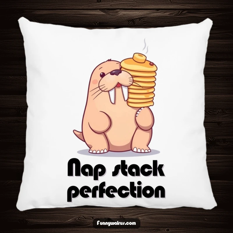 Funny walrus balancing pancakes on its nose, on a plush pillow, offering humorous comfort for any room.
