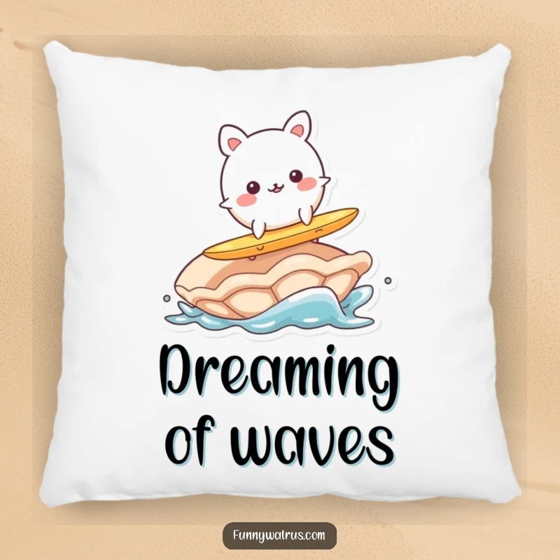 Funny pillow showcasing a wobbly, round animal character surfing on a clam, adding a touch of humorous beach decor.