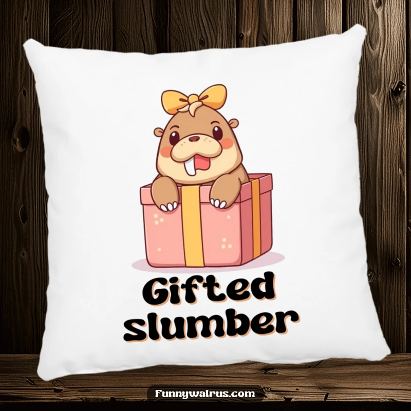 Funny surprise walrus pillow with a walrus character peeking out from a large gift box, offering soft and humorous comfort.