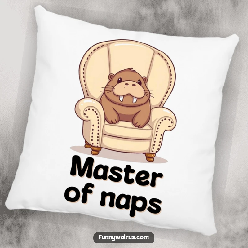 Funny walrus pillow, a walrus peeking out from an overstuffed armchair, its expression one of absolute delight.