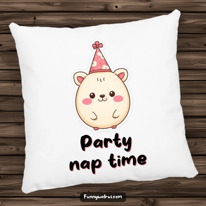 Funny pillow showcasing a cheerful, round animal character wearing a tiny party hat, adding a festive and humorous touch.
