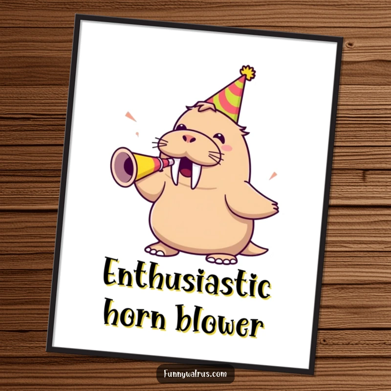 Funny walrus wearing a party hat and blowing a party horn, as a digital art print, offering instant festive decor.