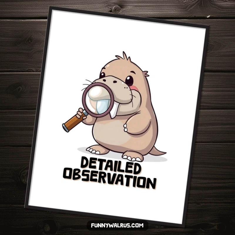 Funny curious walrus digital art print of a walrus holding a giant magnifying glass, looking intently, symbolizing curiosity and humor.