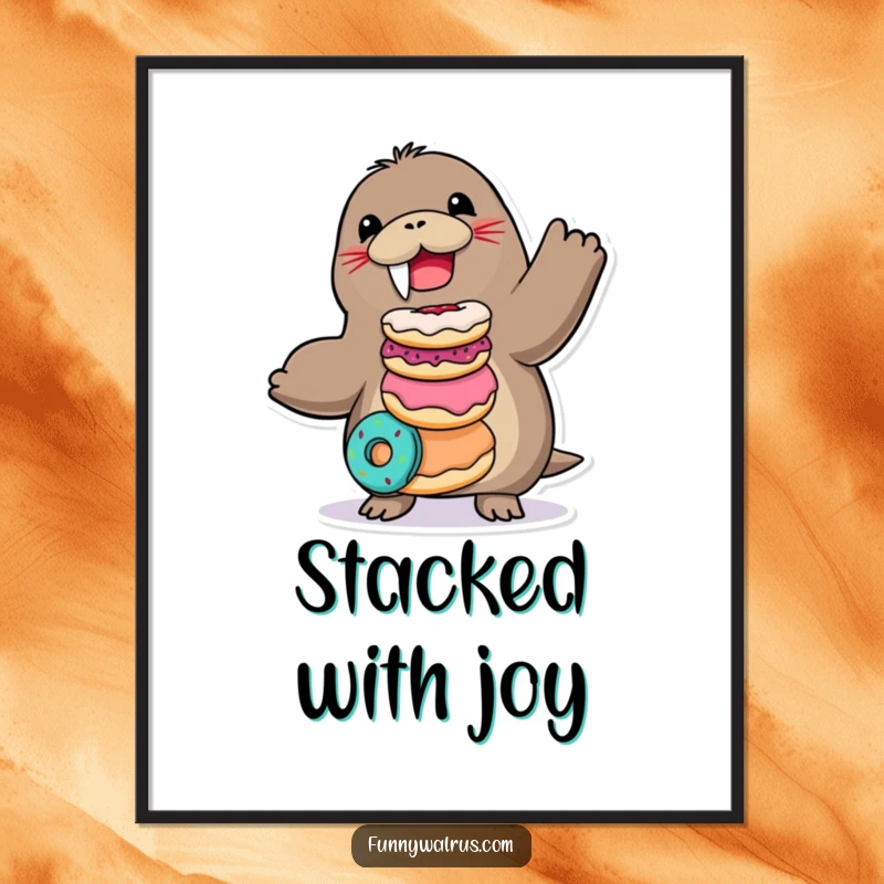 Funny Walrus Digital Art Print of a joyful walrus character balancing donuts, perfect for sweet-themed decor.